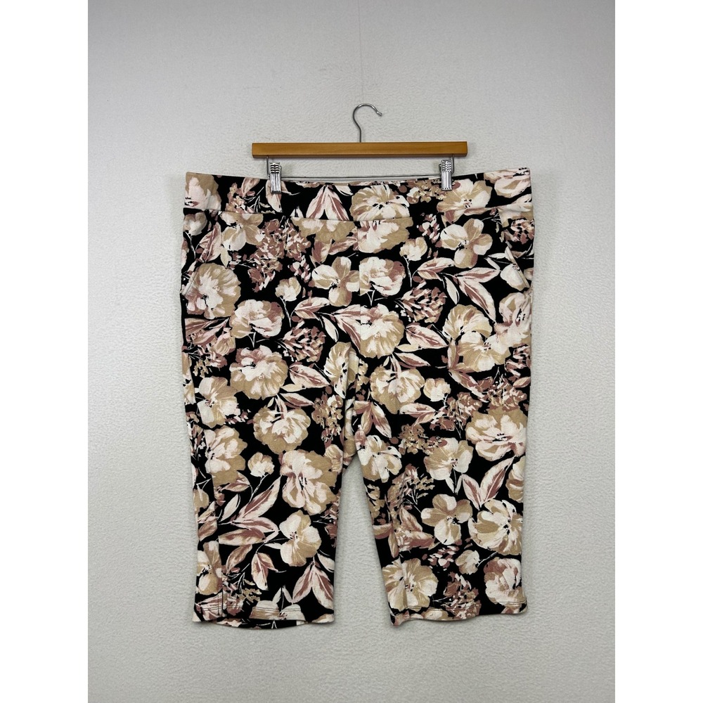 Floral Botanical Belle Kim Gravel Women 2XP Black Tan Pink Capri Pull On Pants
